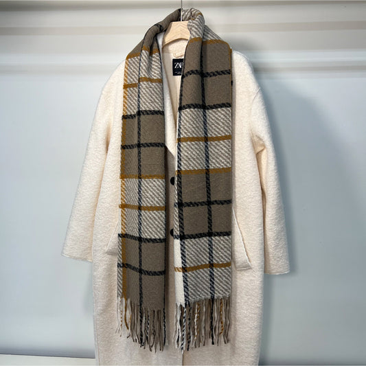 Beige Plaid Fringe Scarf