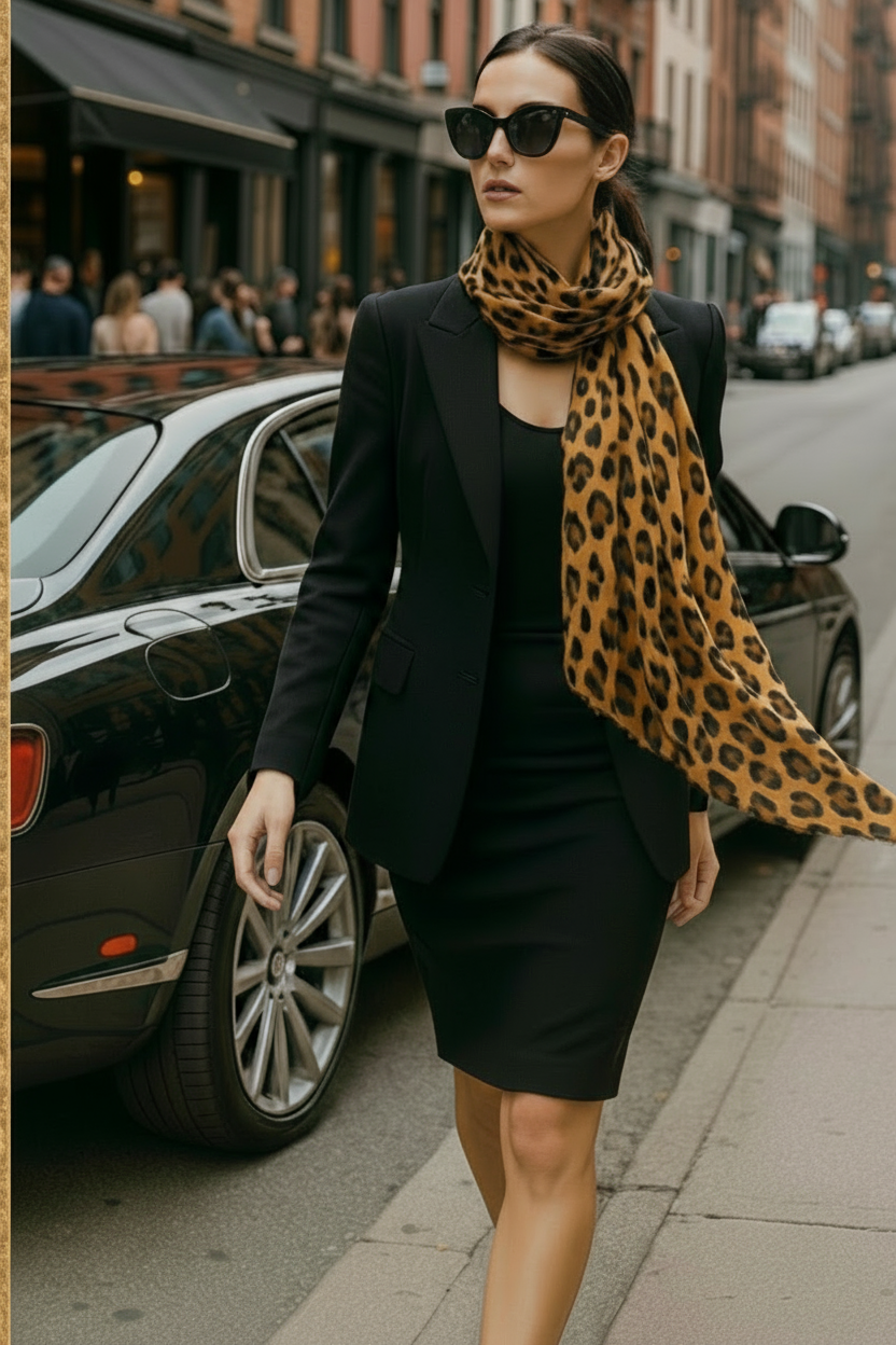 Woman in a black outfit with a leopard print scarf walking on a city scarfstreet.