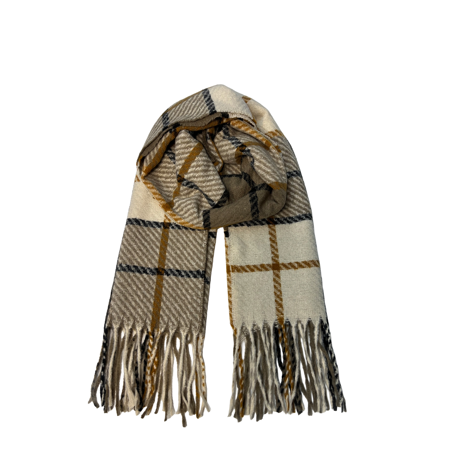 Beige Plaid Fringe Scarf