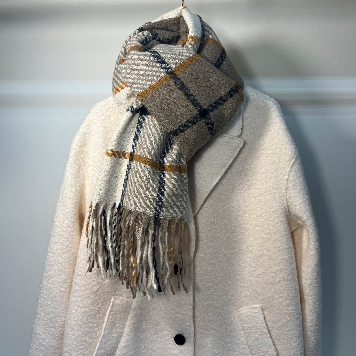 Beige Plaid Fringe Scarf