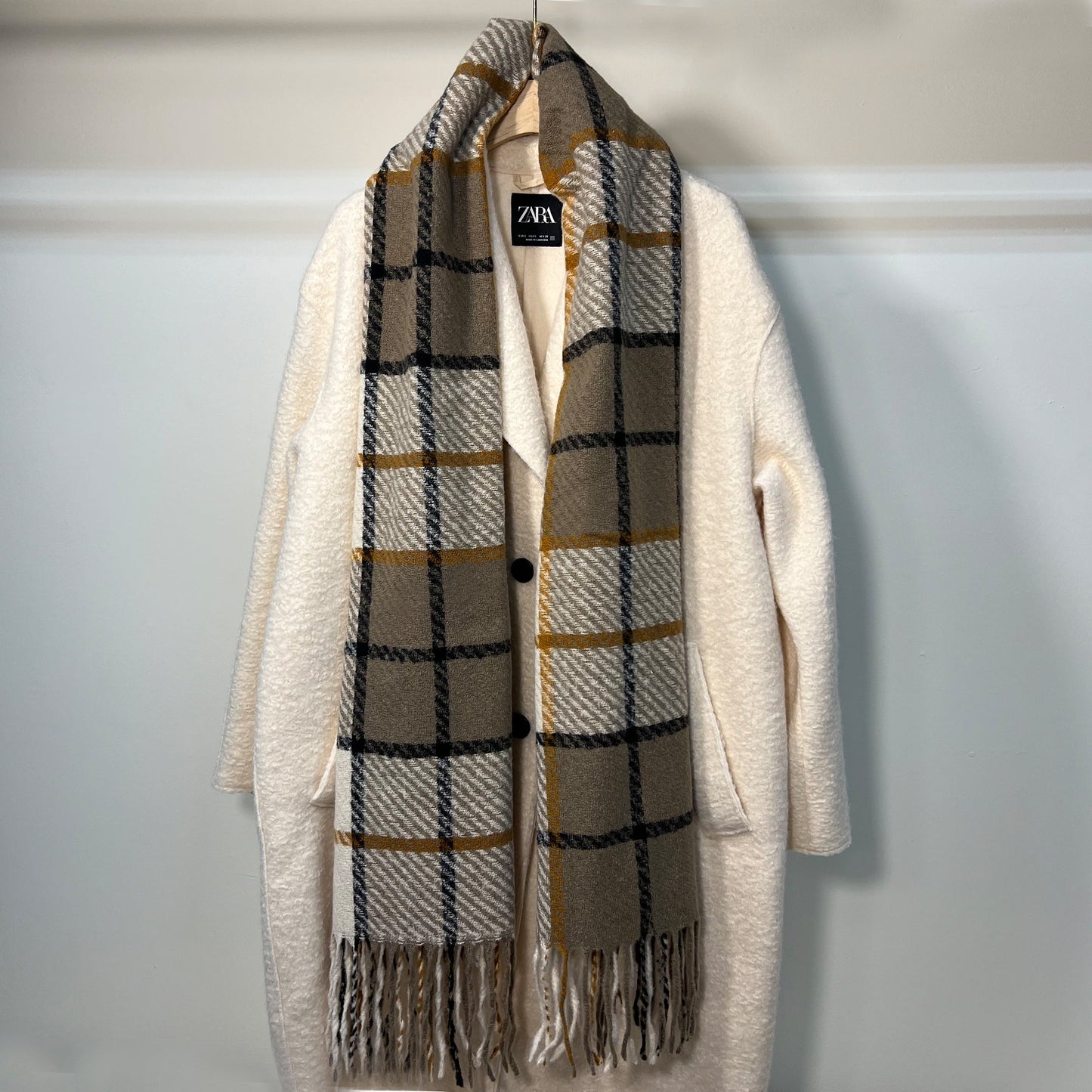 Beige Plaid Fringe Scarf