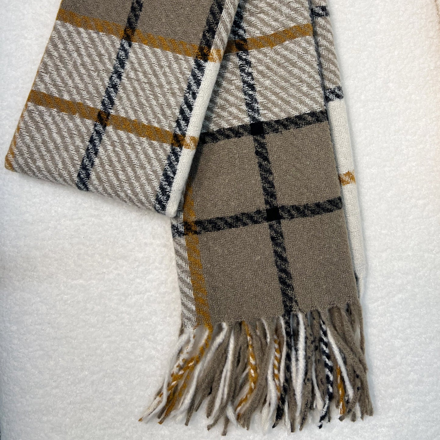 Beige Plaid Fringe Scarf