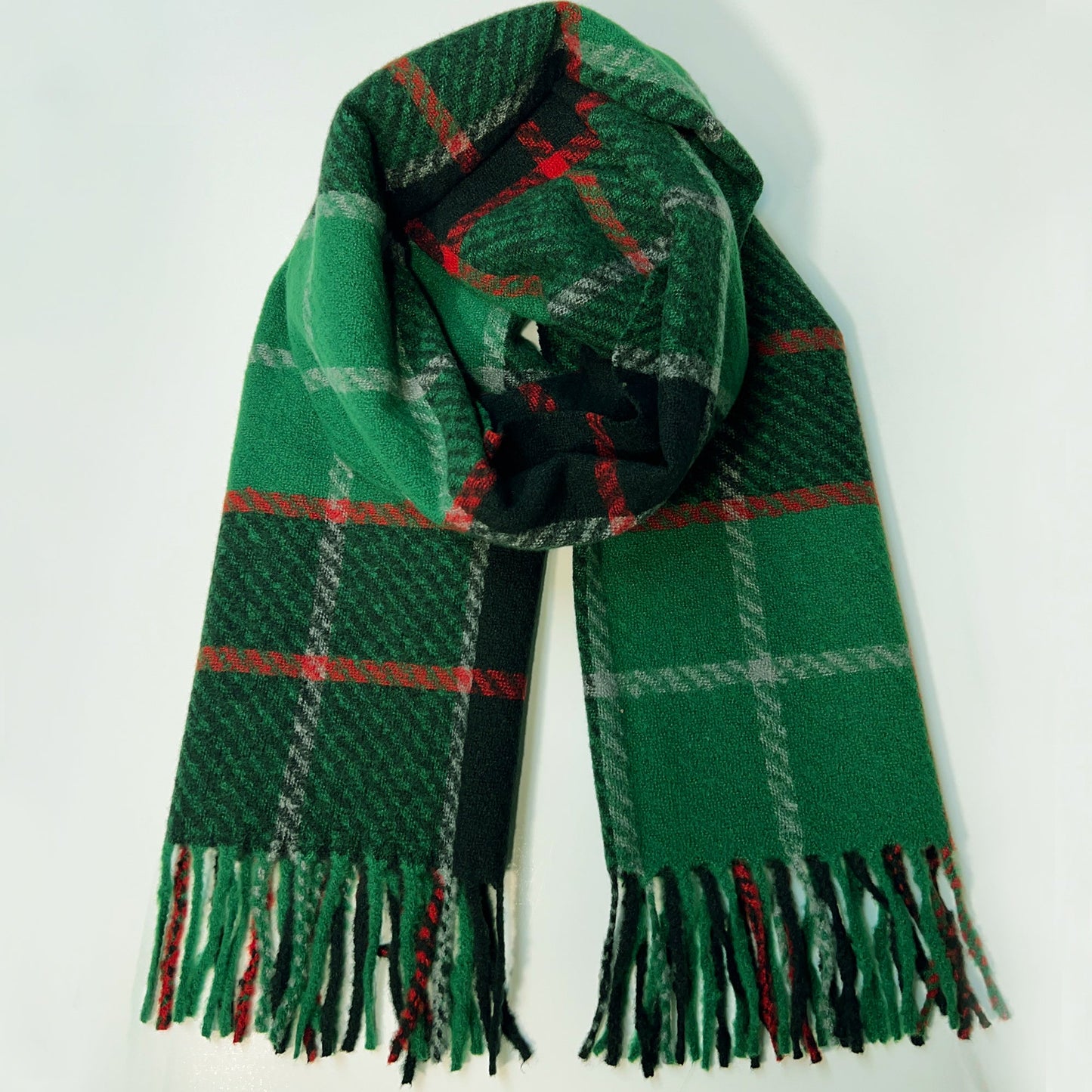 Green Plaid Fringe Scarf