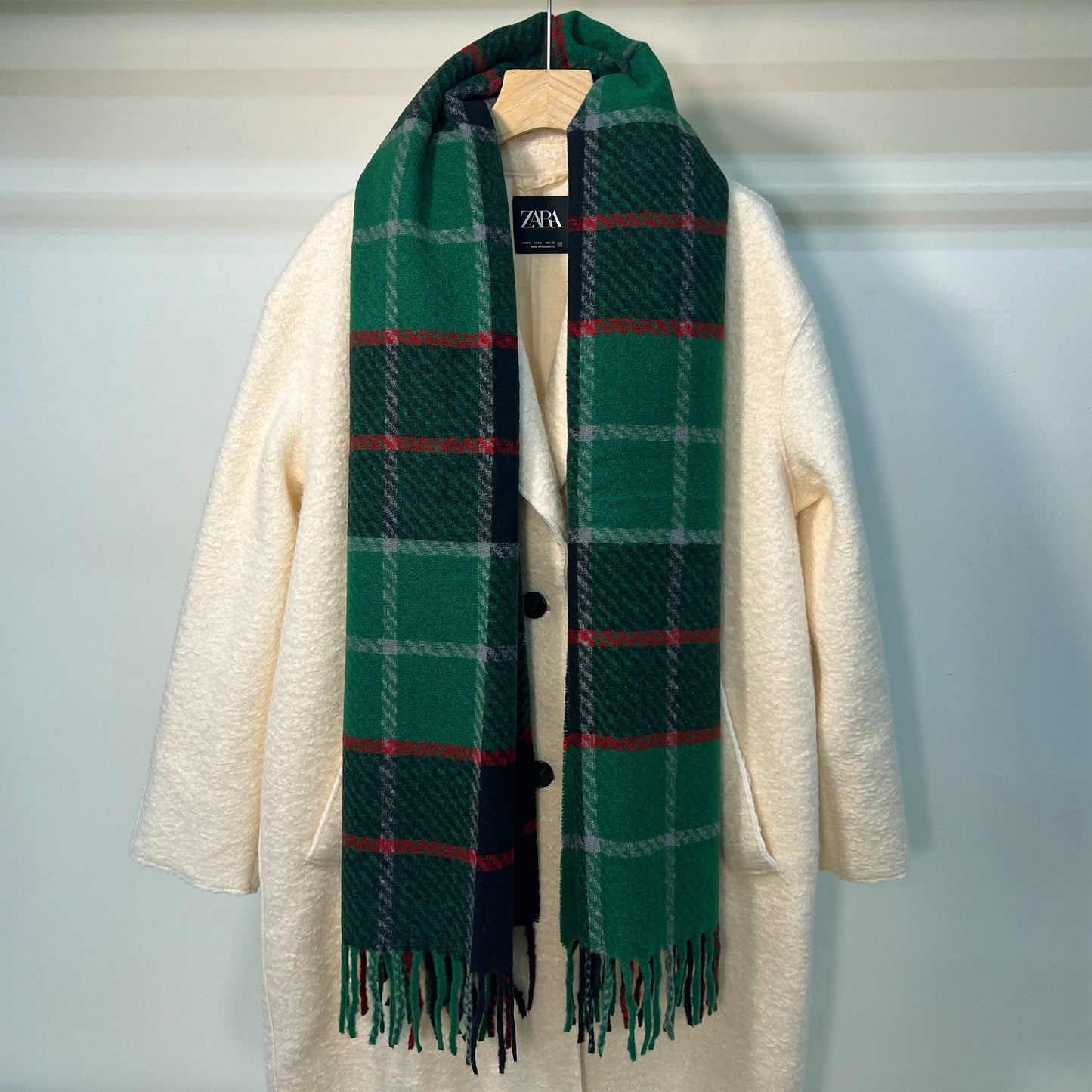 Green Plaid Fringe Scarf