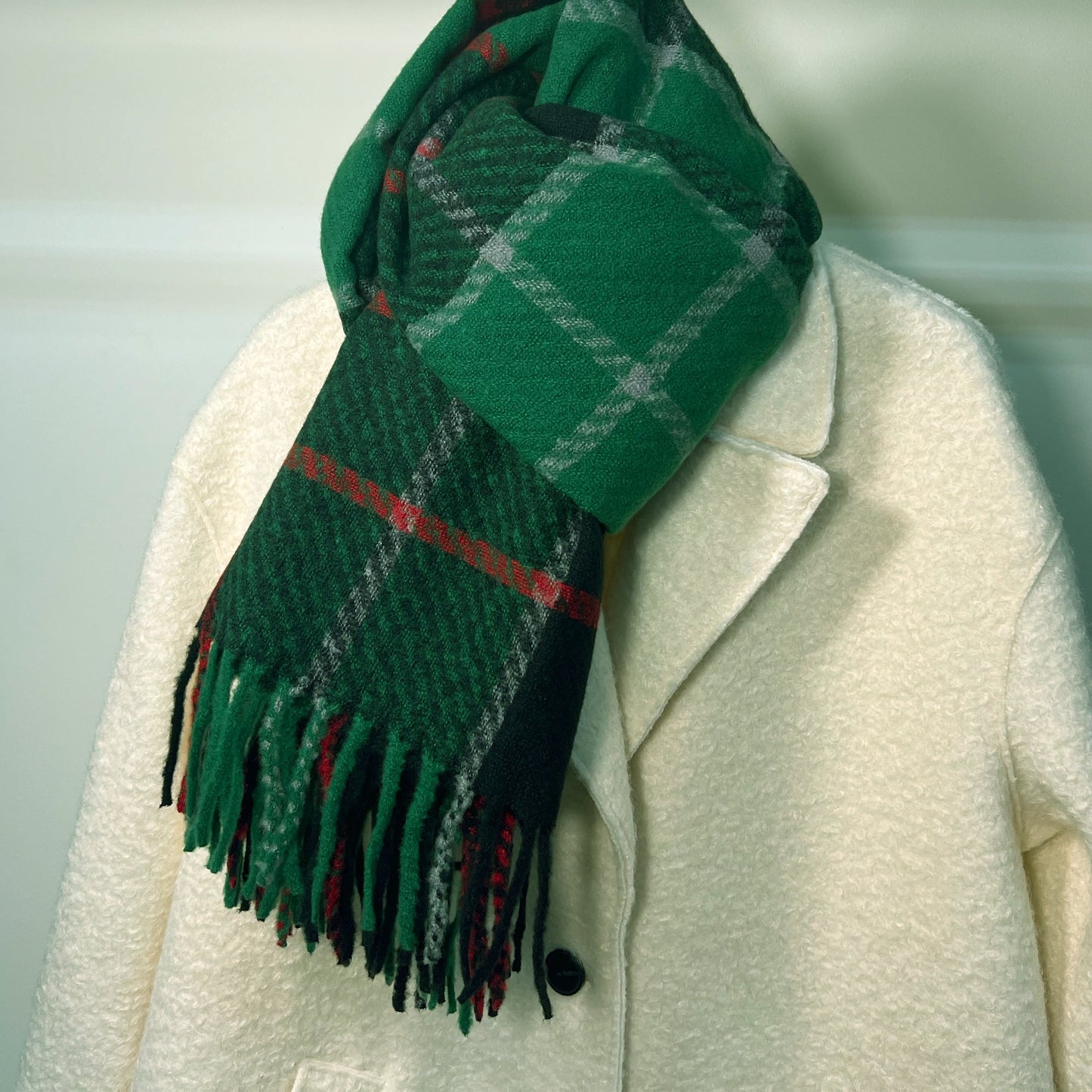 Green Plaid Fringe Scarf
